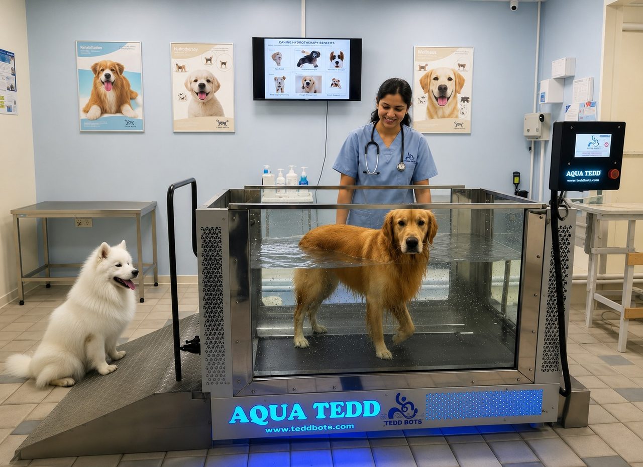 AQUA TEDD canine chamber underwater treadmill with a dog mid-session in a veterinary rehabilitation clinic